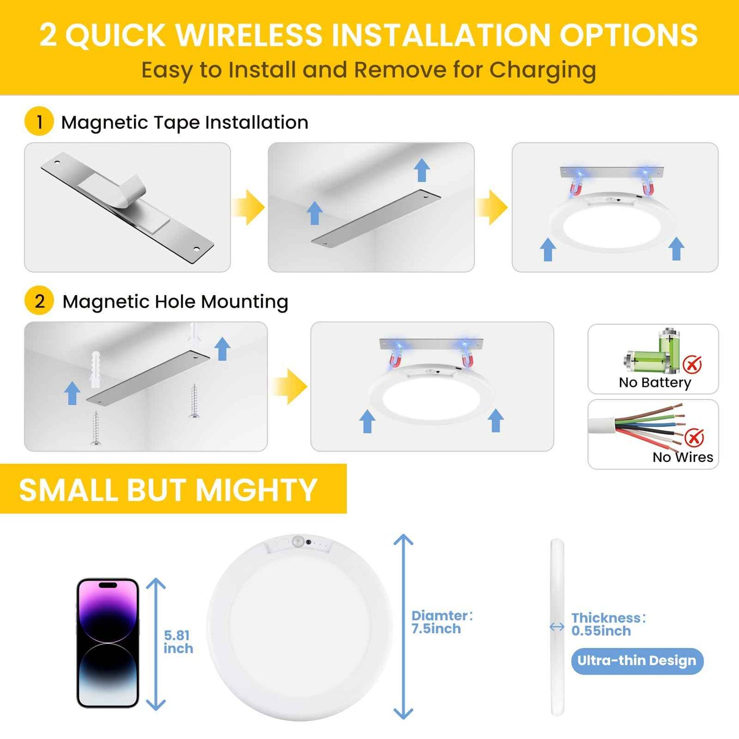 QQLXST 4-Pack Rechargeable Motion Sensor Ceiling Light with Remote, Wireless Dimmable 3000K/4000K/6500K Waterproof Shower Lamp, Magnetic Battery Operated Closet Light for Hallway Pantry, No Wiring