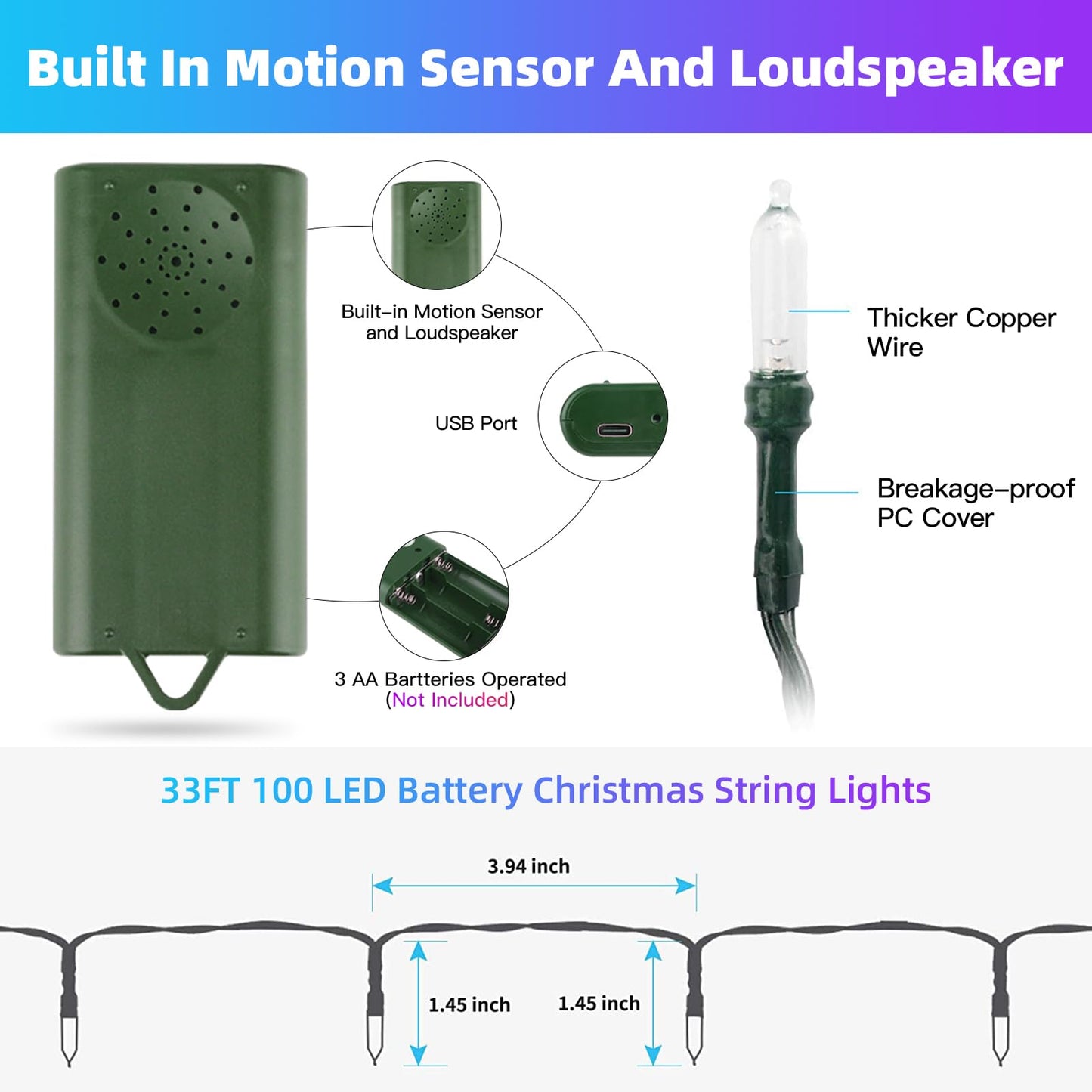 Green Convenience 33FT 100LED String Lights,Battery Christmas Music Light Waterproof,Motion Sensor Christmas Lights with 6 Modes for Indoor Outdoor Yard Patio Garden Xmas Tree Decor