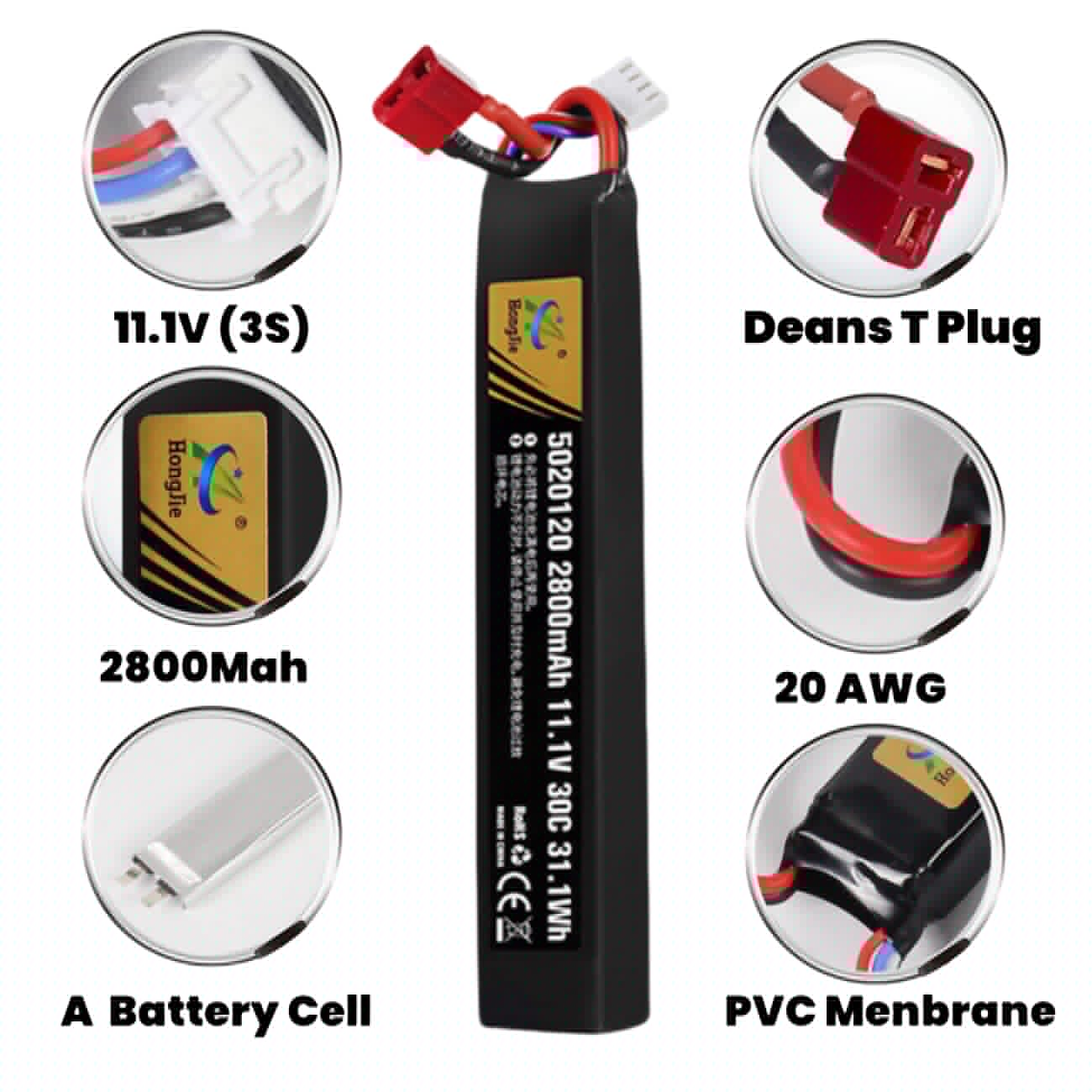 Itexkun 11.1V 2800mAh Airsoft Stick Battery T Plug LiPo Battery 3S 30C Pack for Airsoft Guns AK47,MP5K,MP5,Scar,M249,AUG,AEG