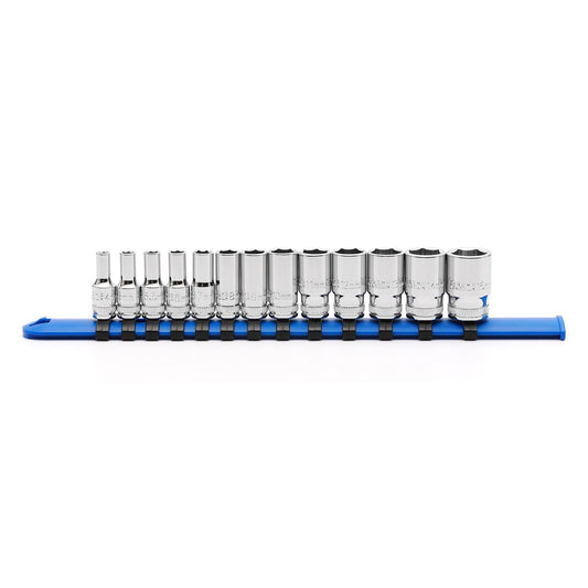 MIXPOWER 1/4" Drive Mid-Length Socket Set with Storage Rails, 13-Piece, 6 Point, 4-15mm, CR-V, Metric, Semi-Deep Socket Set