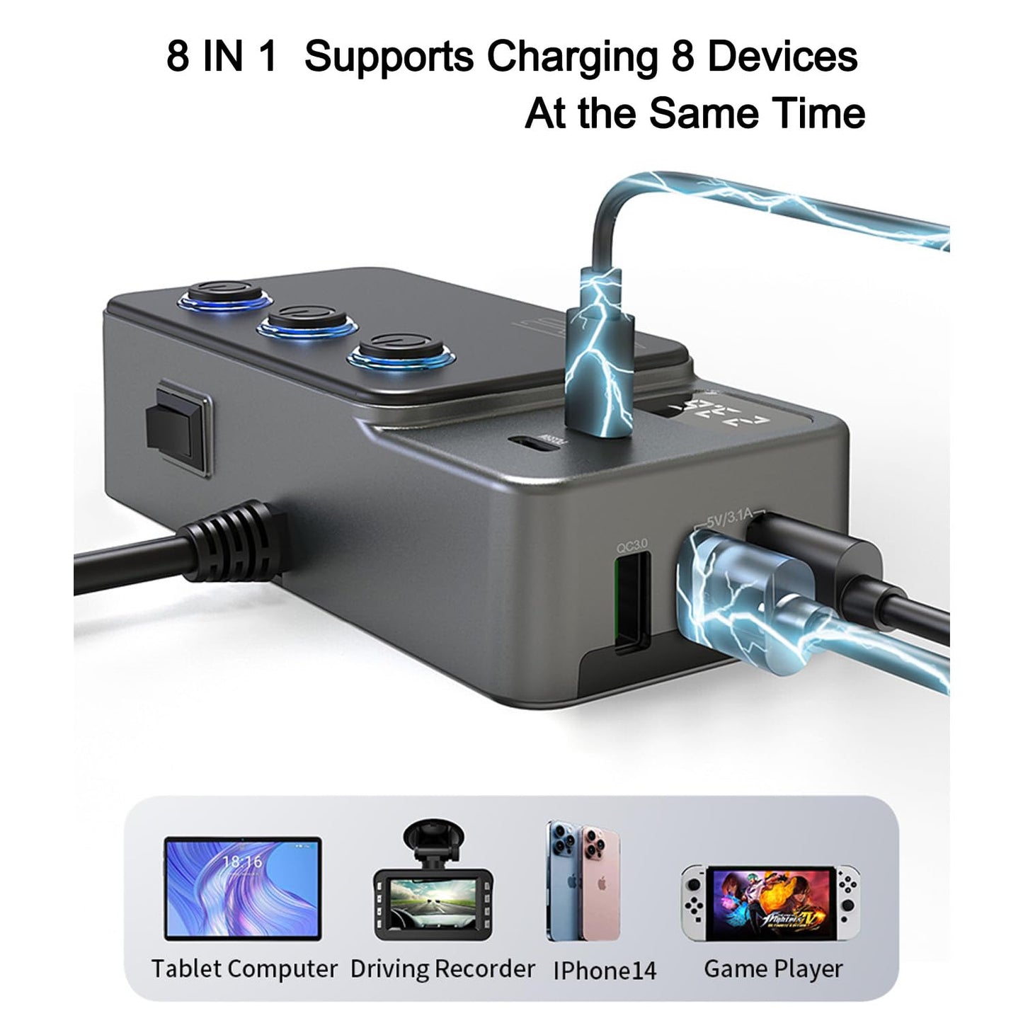 Cigarette Lighter Splitter, 8 in 1 Car Cigarette Lighter Adapter PD 35W Car Charger 3-Socket Heavy Duty Truck Multi Port USB C 12V/24V Independent Switches LED Display Super Fast Charger Car Devices