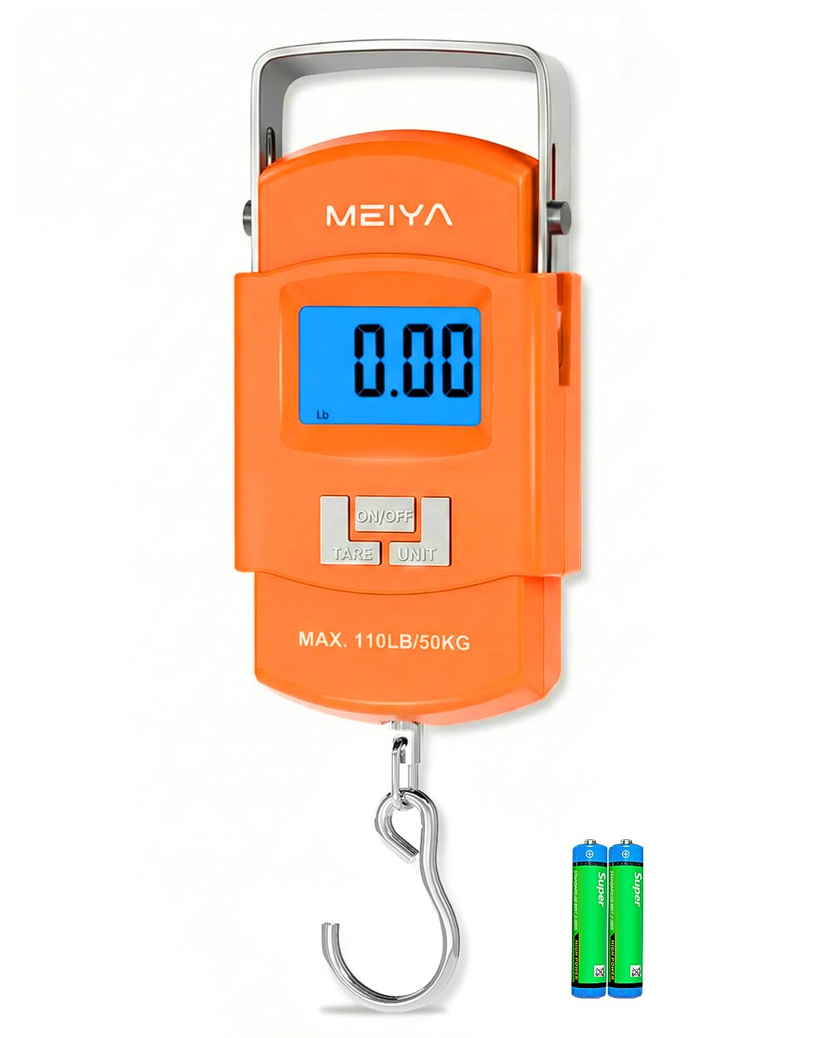 MEIYA Fish Scale 110lb/50kg Digital Fishing Scale with Backlit LCD, Portable Handle, Stainless Steel Hook & 2 AAA Batteries – Great Fishing Gifts for Men, Orange