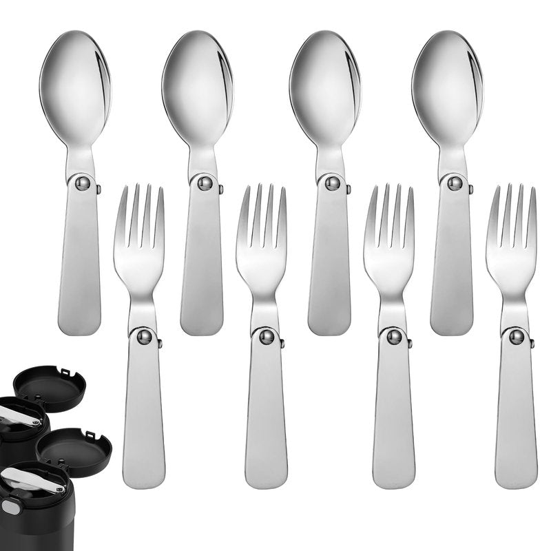 4pcs Metal Folding Spoons & 4pcs Foldable Forks for Thermos Funtainer 10oz Food Jar, Portable Stainless Steel Spoon Fork Set Replacements for Travel Camping Dinner Picnic & Outdoor Activities