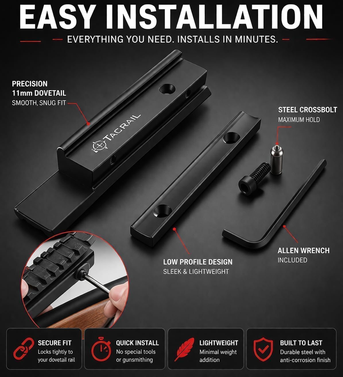 360 TACTICAL .22/Airgun 3/8" Dovetail to 7/8" Weaver Picatinny Rail Adapter Mount 9 Slot Low Profile