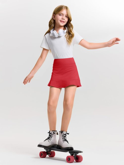 Haloumoning Girls Athletic Tennis Golf Skirts with Shorts Kids High Waist Ruffle A-line Skorts with Pockets 5-14 Years Red