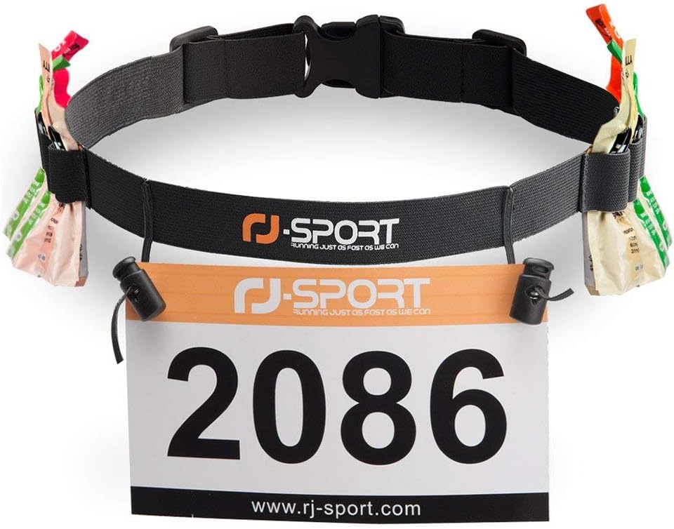 RJ-Sport Race Number Belt - Triathlon Bib Holder with 6 Gel Loops for Running & Cycling