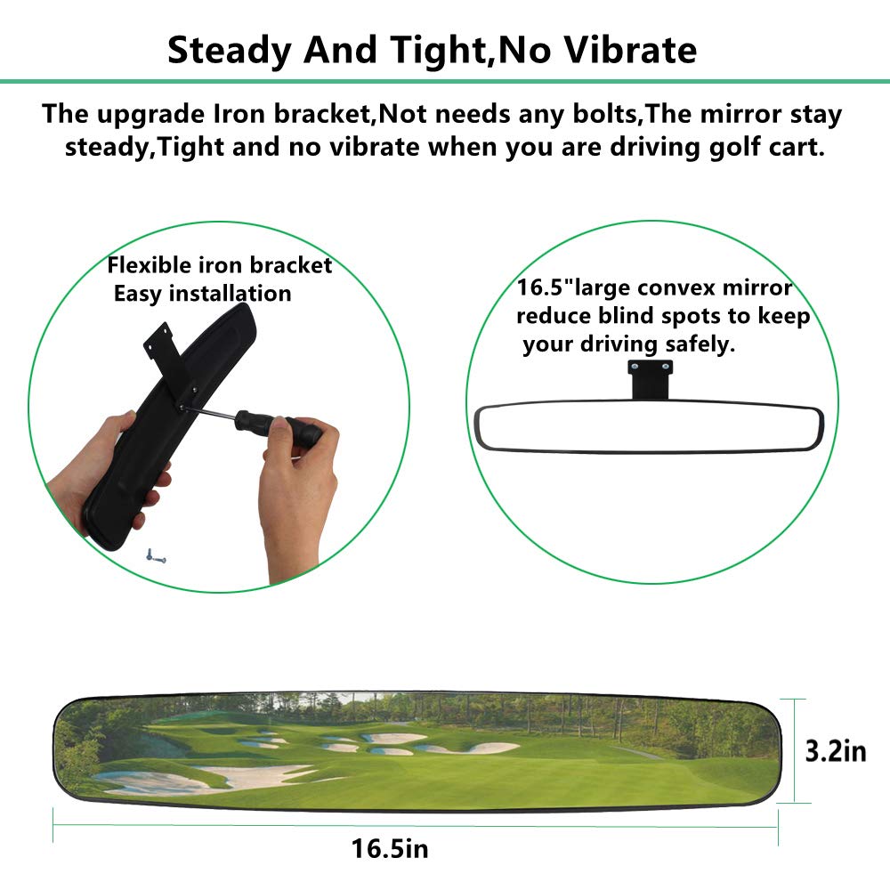 HKOO Extra Wide Convex Rear View Mirror for Golf Cart, 16.5" - Compatible with EZ Go, Club Car, Yamaha
