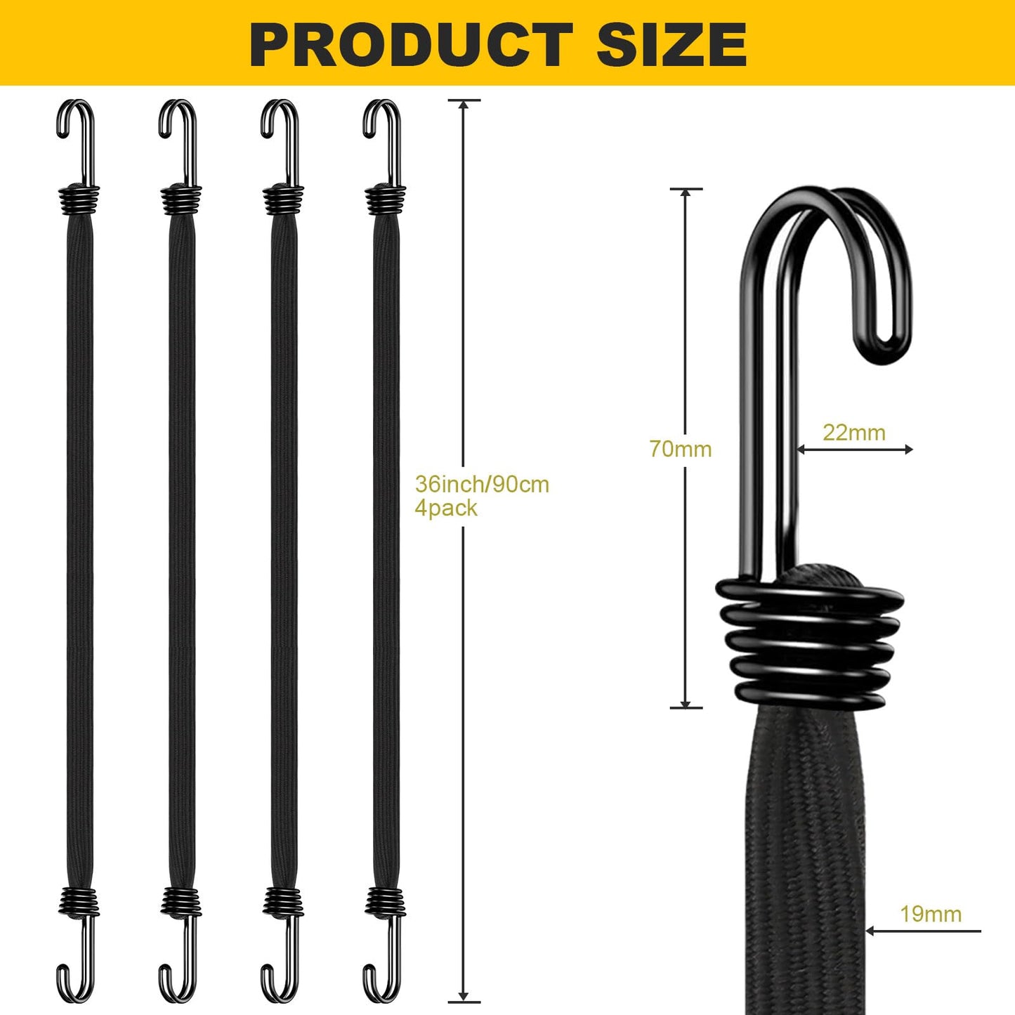 Bungee Cords with Hooks Heavy Duty, 36inch Flat Strong Outdoor Black Bungee Straps, Secure Load Distribution Industrial Grade Bungee Rope for Securing Luggage, Tarps, Tents, Cart, Bike Rack, 4pcs