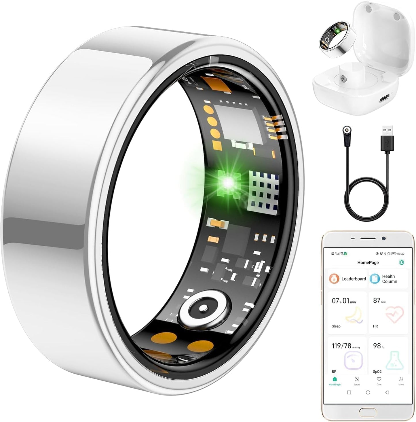 Ring Health Tracker for Women Men, Fitness Ring with Heart Rate, Blood Oxygen, Sleep Monitor, Calories, Step Counter, IP68 Waterproof Smart Ring for iPhone & Android, No Subscription Fee (Silver, 12#)