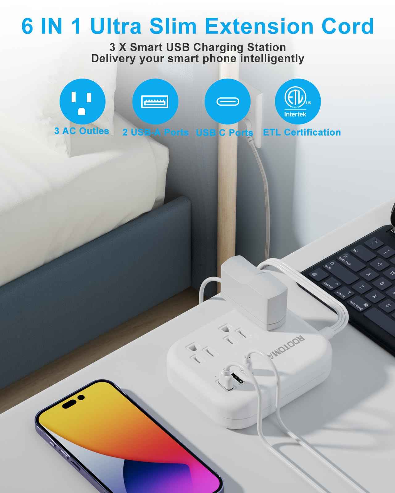 Flat Extension Cord 15 FT Behind Furniture-Ultra Slim Cord Under Carpet, Rug, Door, Long Power Bar with 3 USB 3 Outlets, Low Profile Power Strip for Travel Office Indoor, 1080 Joules Protected