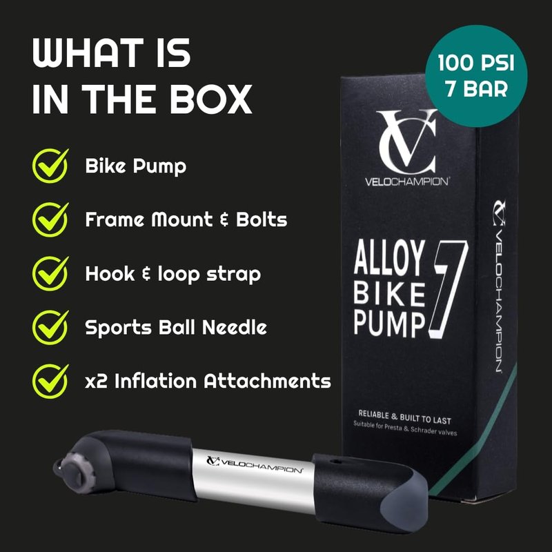 VeloChampion Alloy Mini Bike Pump Suitable for Presta, Schrader and Dunlop - Portable, Compact, Durable and Easy to Use