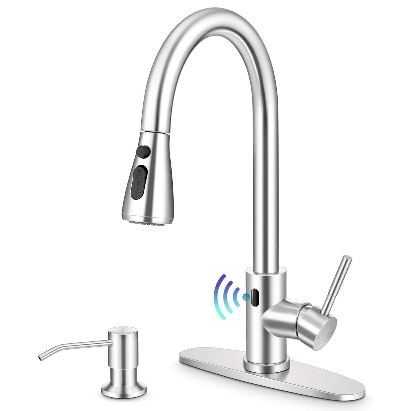Touchless Kitchen Sink Faucet with Pull Down Sprayer, Herogo Brushed Nickel Stainless Steel Smart Activated Kitchen Faucet with Soap Dispenser, Single Handle Motion Sensor Tap for Farmhouse RV Sink