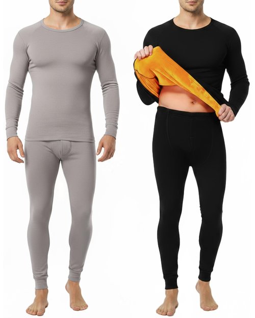 Patelai 2 Pack Mens Thermal Underwear Set Fleece Lined Underwear Shirt and Pants Set Base Layer Top and Bottom Cold Weather(Black/light Gray,Small)