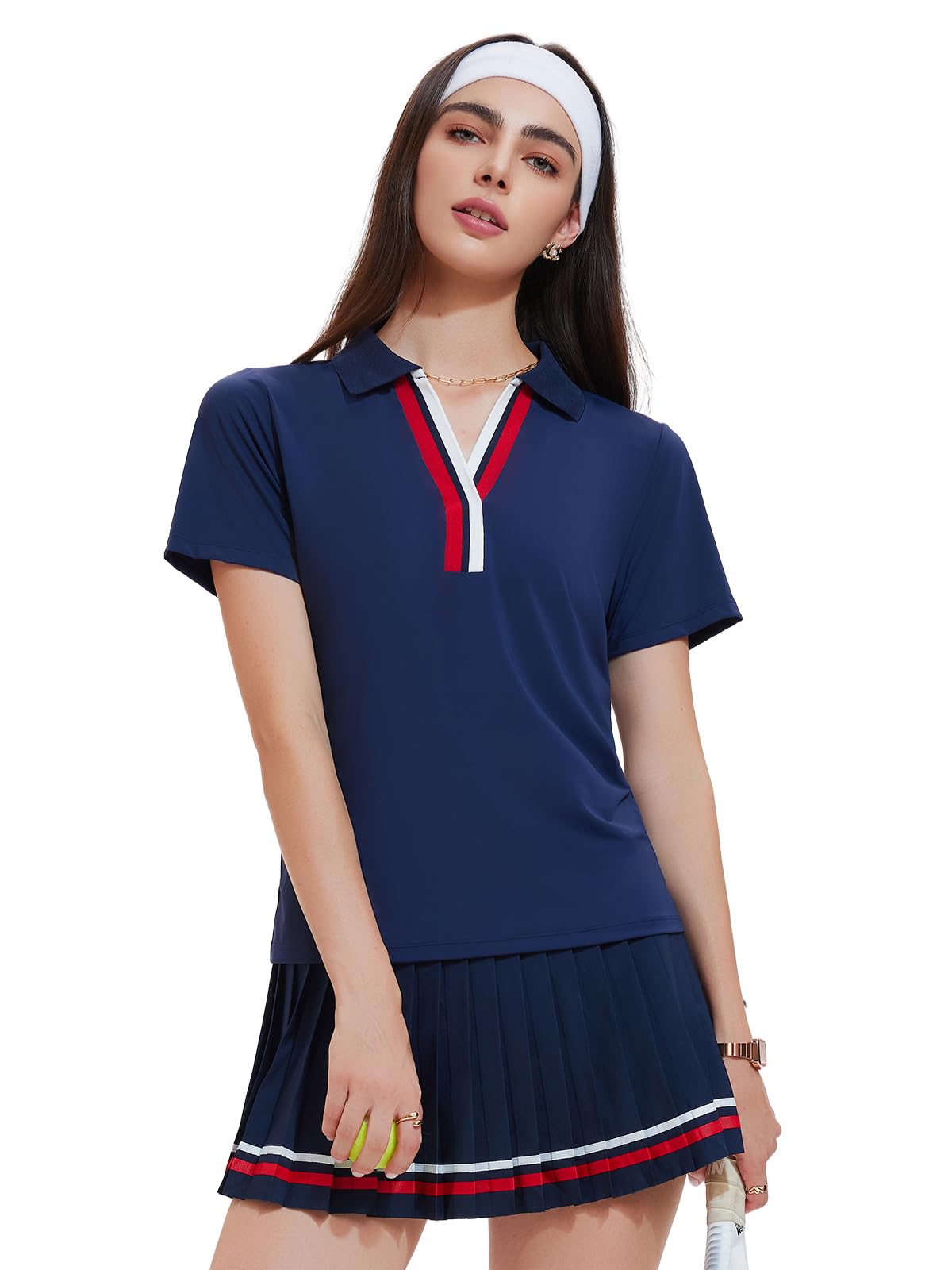 Women 2 Piece Tennis Skirt Set Pleated Golf Outfit, Polo V-Neck Athletic Dress Alternative Skort Set for Pickleball Pockets