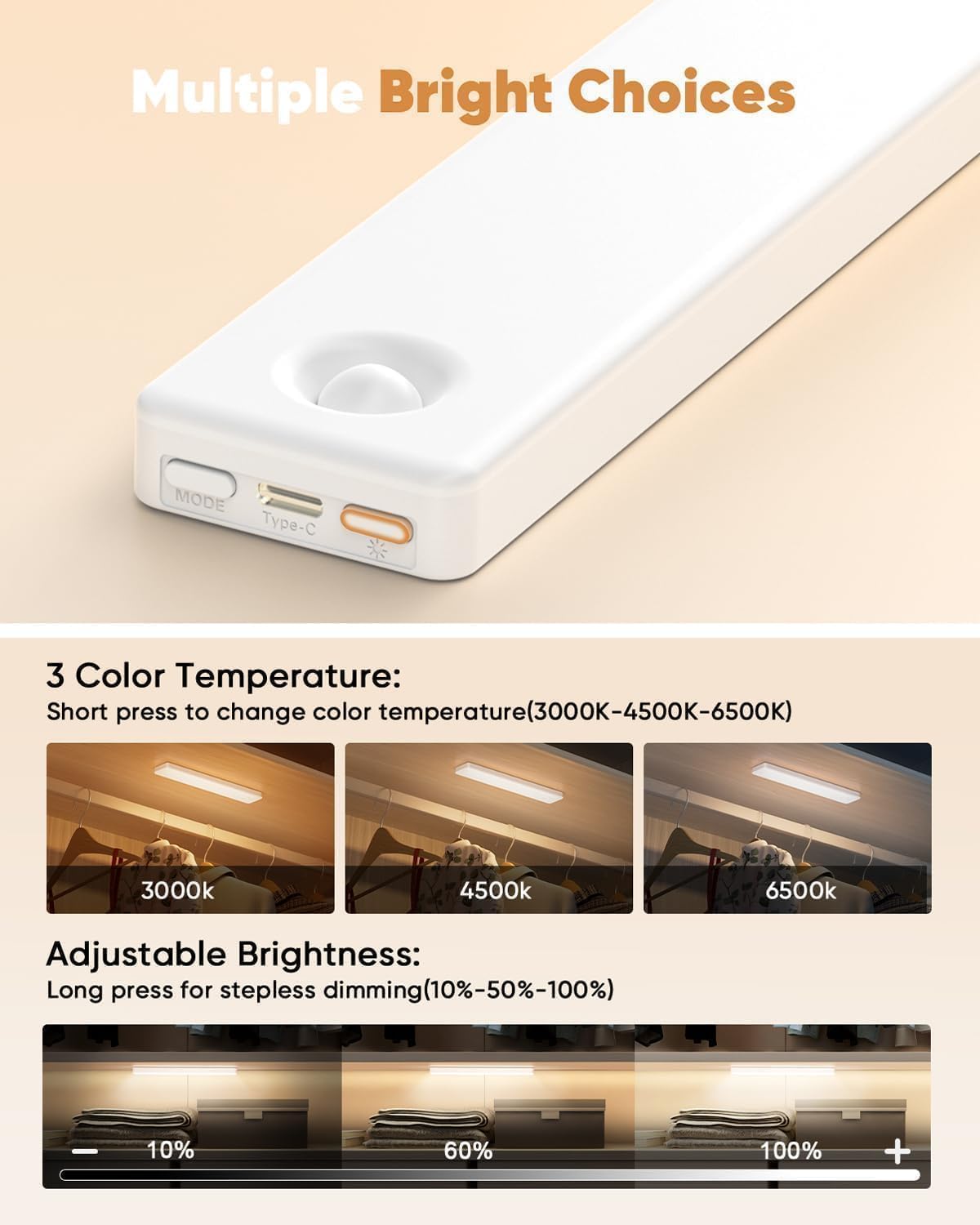 Under Cabinet Lighting,3 Color Temperatures Motion Sensor Light Indoor 2 Pack, USB Rechargeable Battery Operated Closet Lights, Wireless Dimmable LED Cabinet Lights, Under Counter Light for Kitchen