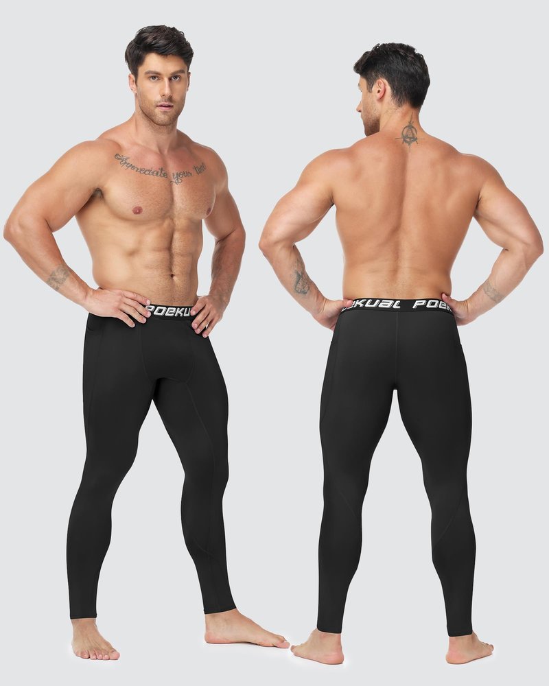 Poekuao 2 Pack Mens Running Tights Sports Workout Leggings with Pockets Breathable Athletic Base Layer for Gym Basketball Black/Black XL