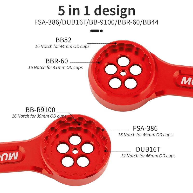 MUQZI Bike Bottom Bracket Tool, 12/16-Notch Multi - function Bottom Bracket Wrench 39/41/44/46/49mm for Shimano, SRAM, FSA, Rotor, Chris King, Truvativ GXP, Red