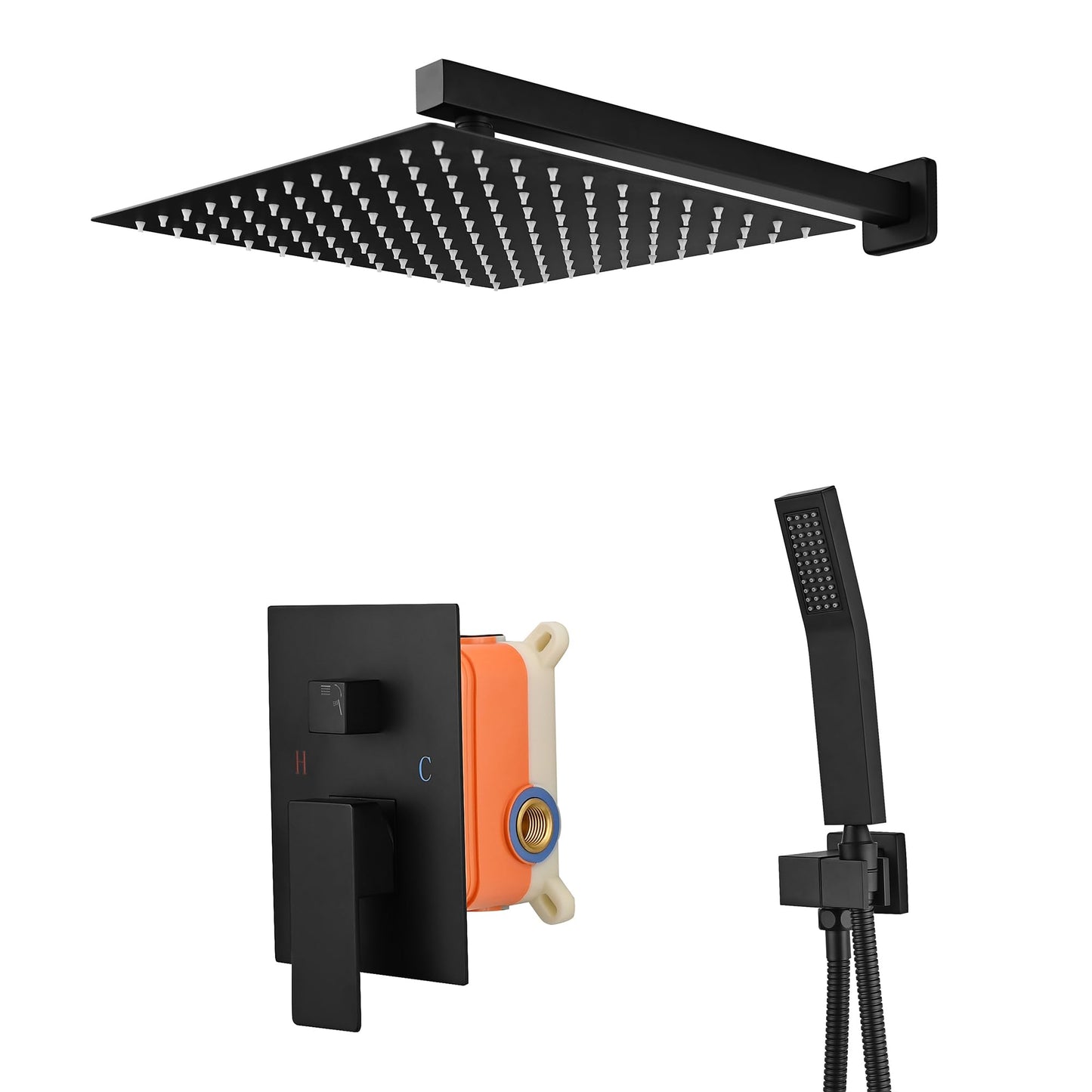 12 Inch Shower Faucet Set Matte Black Shower System with Square Shower Head and Handle Set, Wall Mounted Shower Fixtures Solid Brass Pressure Balancing Shower Mixer Valve, Matte Black