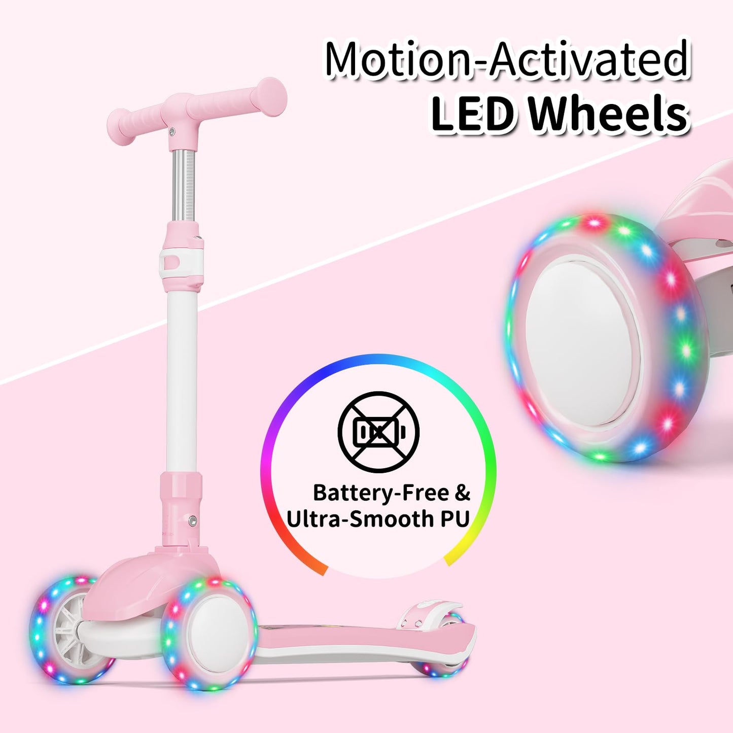 3 Wheel Scooter for Kids Ages 3+, Folding Toddler Scooter, Battery Free LED Light Up Wheels, 4 Adjustable Heights, Lean to Steer, Smooth Gliding Outdoor Ride, for Boys Girls