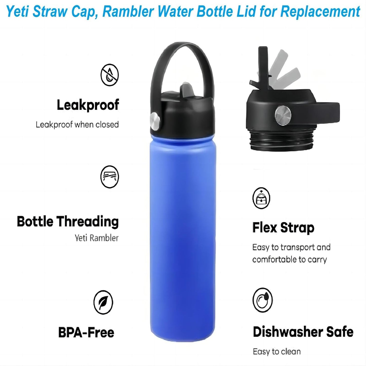 Straw Lid Set for Yeti Rambler 26 36 46 64 oz, Flex Handle Screw Top, Replacement Cap for Yeti Kids Jr 12 18 Ounce Water Bottle Accessories, Leak-proof and Dishwasher Safe (Black+Navy - 2 Pack)