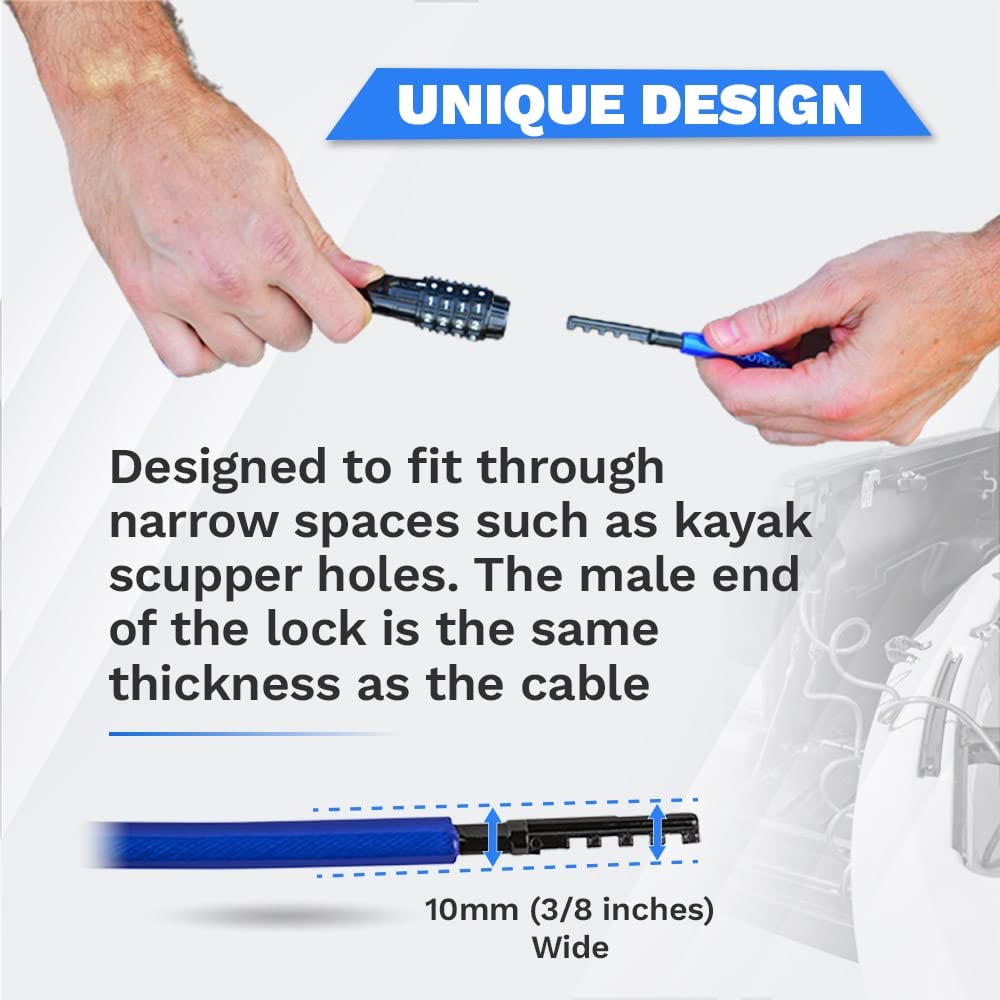 DocksLocks Weatherproof Straight Security Cable Lock (5ft to 25ft Lengths) with Resettable Combination, Anti-Theft Protection for Kayak, Bike, Paddleboard, Scooter, Equipment, Bicycles and More 5ft