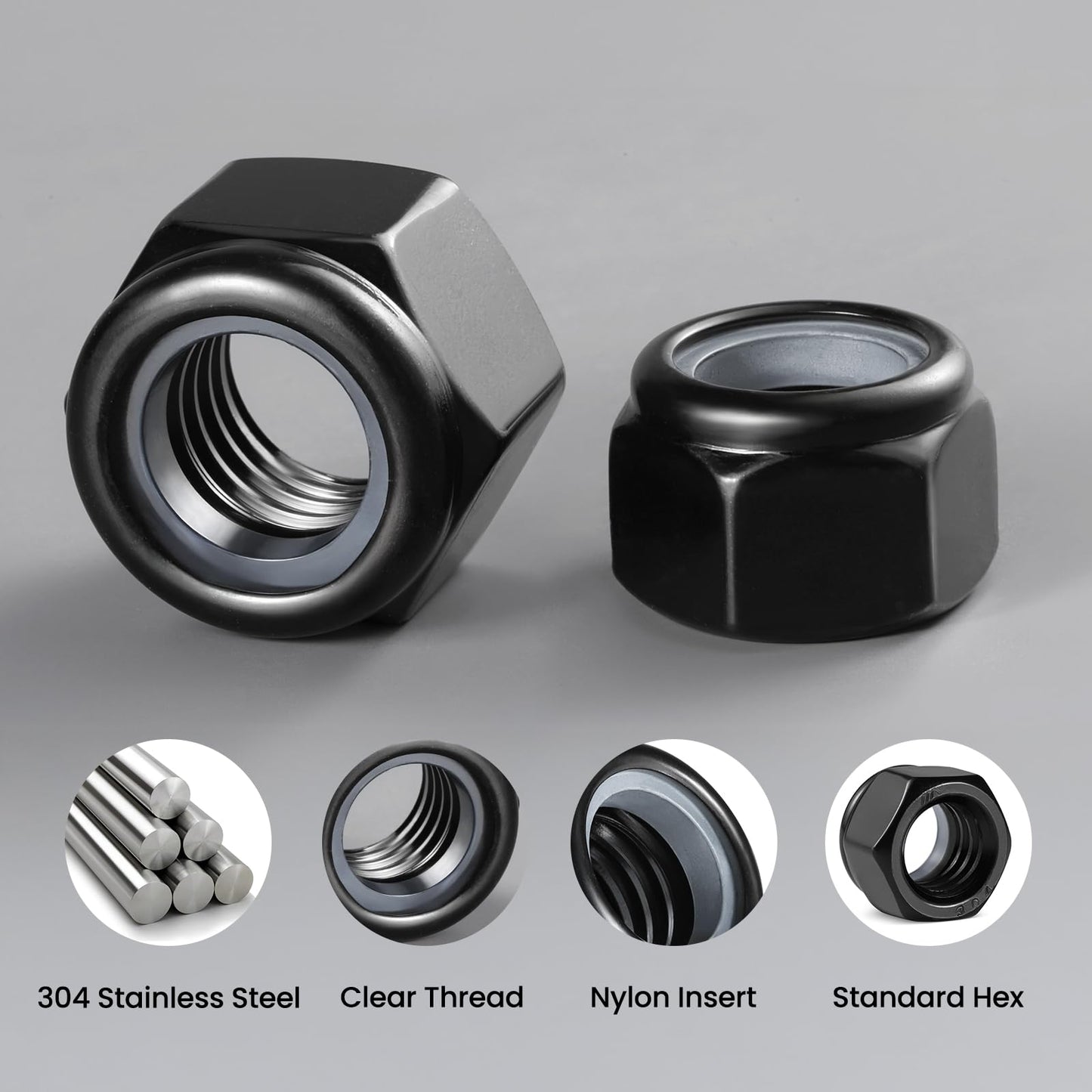 BNUOK 100Pcs 1/4-20 Lock Nuts, Nylon Insert Locknuts 304 Stainless Steel 18-8 SS Black Zinc Plated Self-Locking Nuts, Coarse Thread Hex Nylock Nut