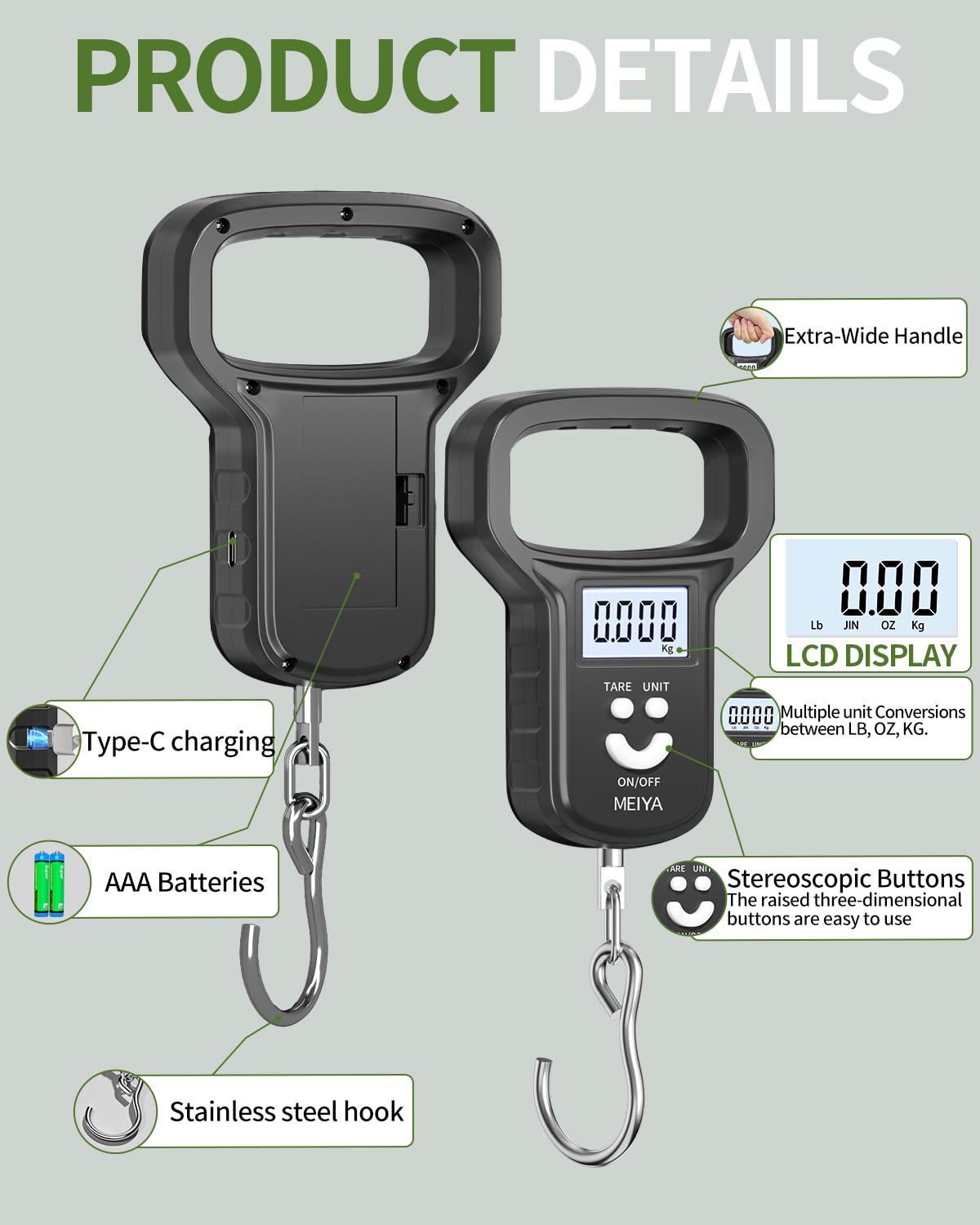 MEIYA Fishing Scale - Dual Power Rechargeable with Backlit LCD Display & Extra Wide Handle | Black