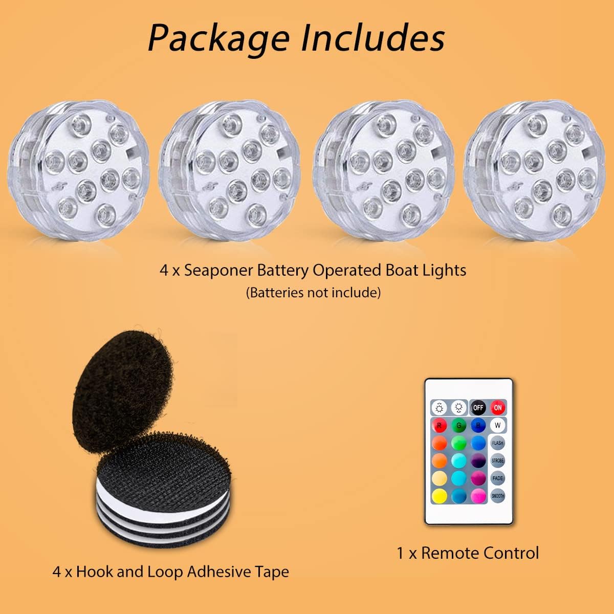Seaponer Wireless Battery Operated Boat Lights - Waterproof LED Deck & Interior Lighting | RGB Multi-Color Remote Control, 4-Pack