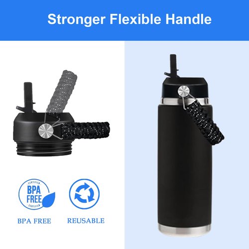 Straw Lid for Yeti Rambler 18 26 36 46 64 oz Bottles | Cap with Straws and Paracord Flex Handle | Replacement Screw Top for Yeti Kids Jr 12 Ounce Cup | Leak-proof Water Bottle Accessories | Black