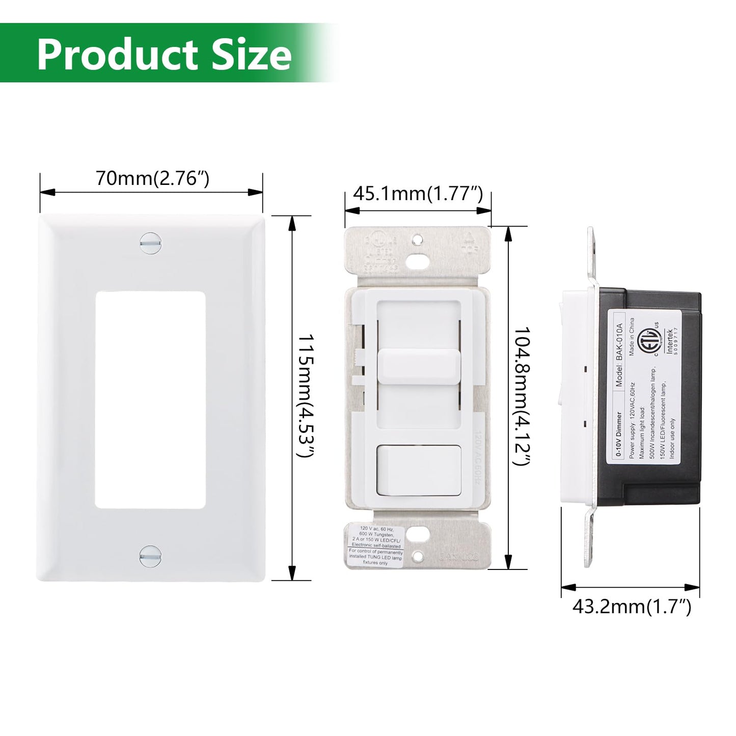 Wengart Dimmer Switch BAK-008,120VAC 150W Dimmable LED/CFL Lights,Halogen and Incandescent Bulbs 600W Max,UL Listed,White