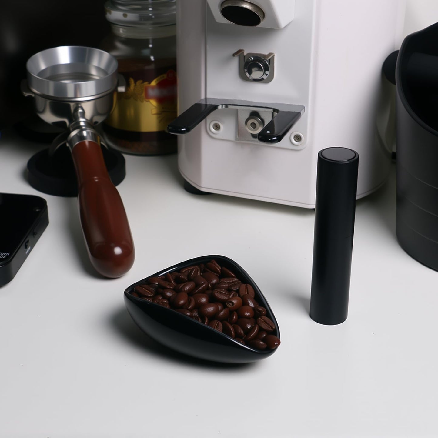 Coffee Bean Dosing Cup and Spray Bottle Kit - Ceramic Single Dosing Tray,Static Reducing Spray (Black)