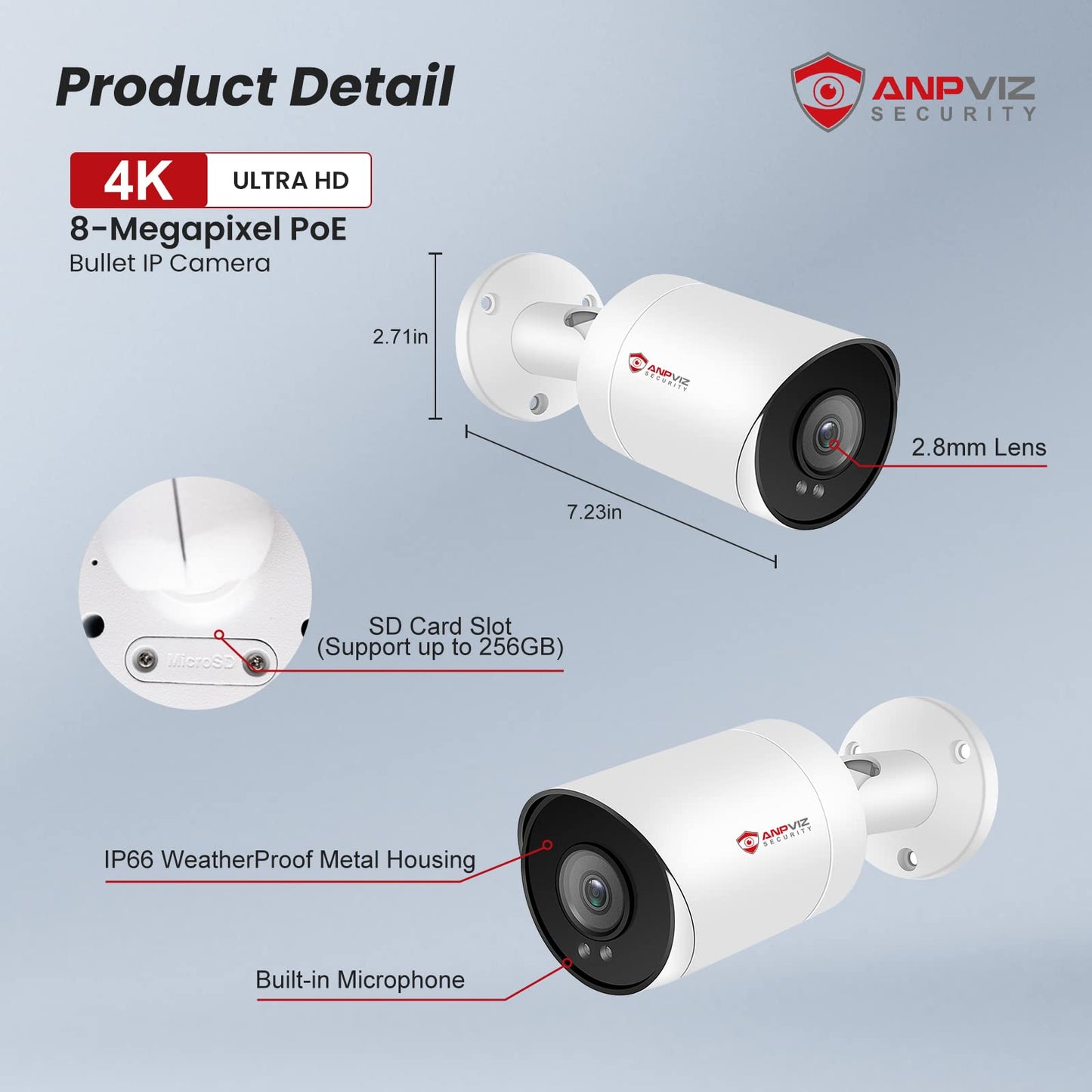 Anpviz 4K Bullet PoE IP Camera with Human & Vehicle Detection, 8MP Security IP Camera Outdoor Indoor, 100ft Smart Color Night Vision, 2.8mm Lens, MicroSD Slot(up to 256GB), NDAA Complaint (U Series)