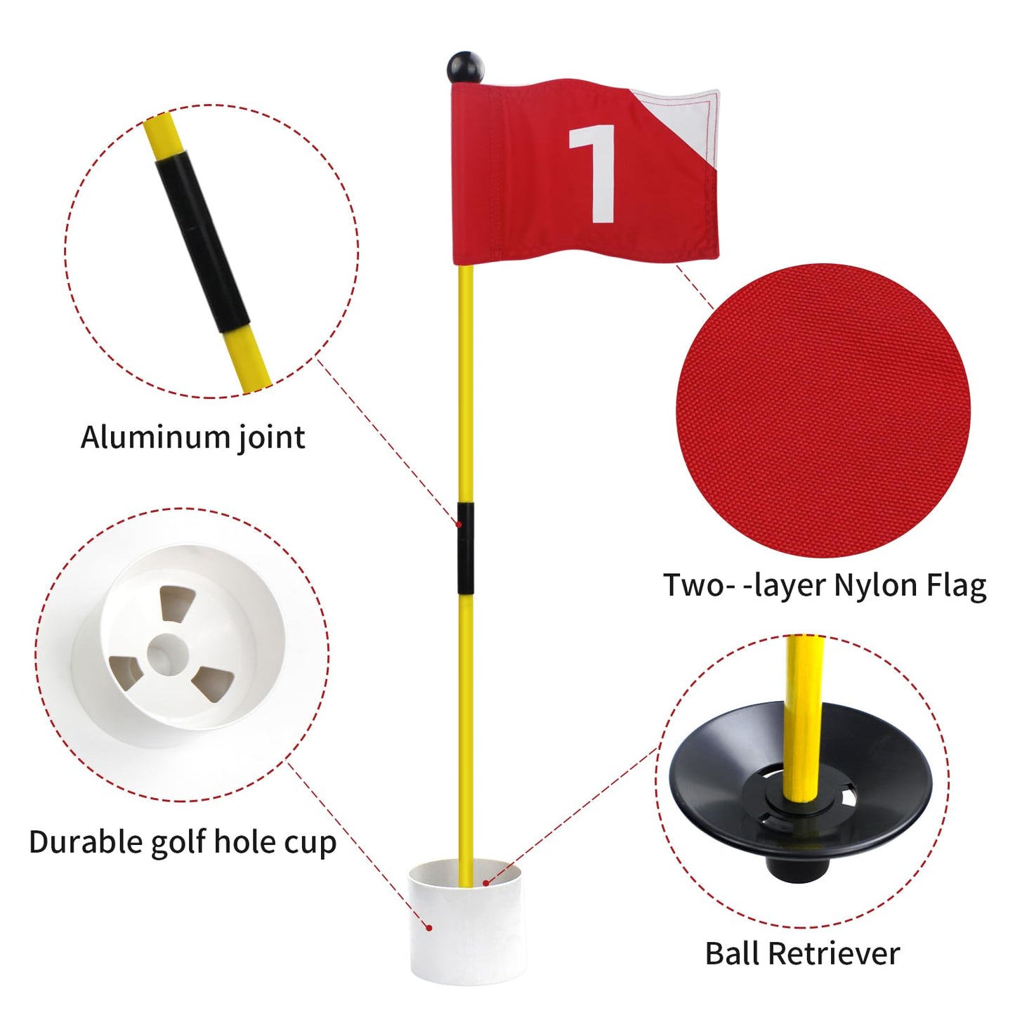 Crestgolf Portable Backyard Practice Golf Hole Cup and Flag Stick of Fiberglass, Golf Putting Green Flagstick Golf Pin Flag Hole Cup Set(red,#1234)