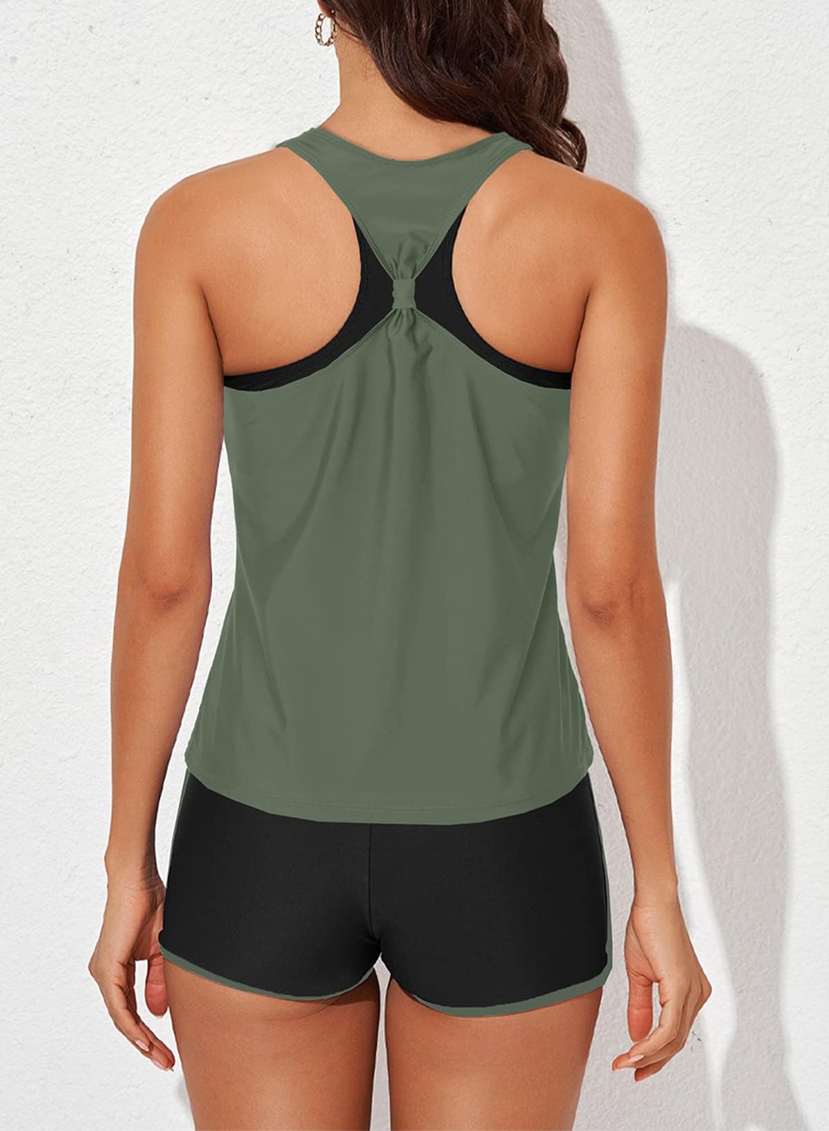 Aleumdr Womens Tankini Swimsuits Athletic 3 Piece Tummy Control Bathing Suits with Shorts Modest Tank Tops Green X-Large