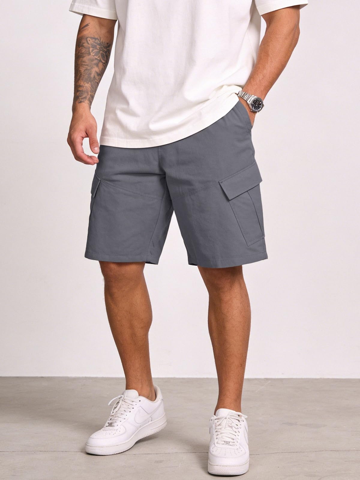 TRFIC Mens Cargo Shorts 10" Inseam Casual Stretch Shorts with 6 Pockets Button Closure for Summer Work Outdoor Dark Gray