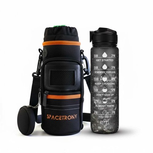 SPACETRONY Water Bottle Carrier Bag with 32 oz Water Bottle Included, Neoprene Pouch Holder with Adjustable Shoulder Strap and Zippered Pockets, Crossbody Sling for Hiking, Running and Camping