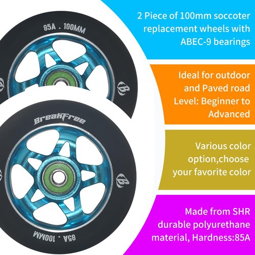 B BREAKFREE 2 Pack 100mm Scooter Wheels 85A Pro Scooters Replacement Wheels with ABEC-9 Bearings Installed(light blue)
