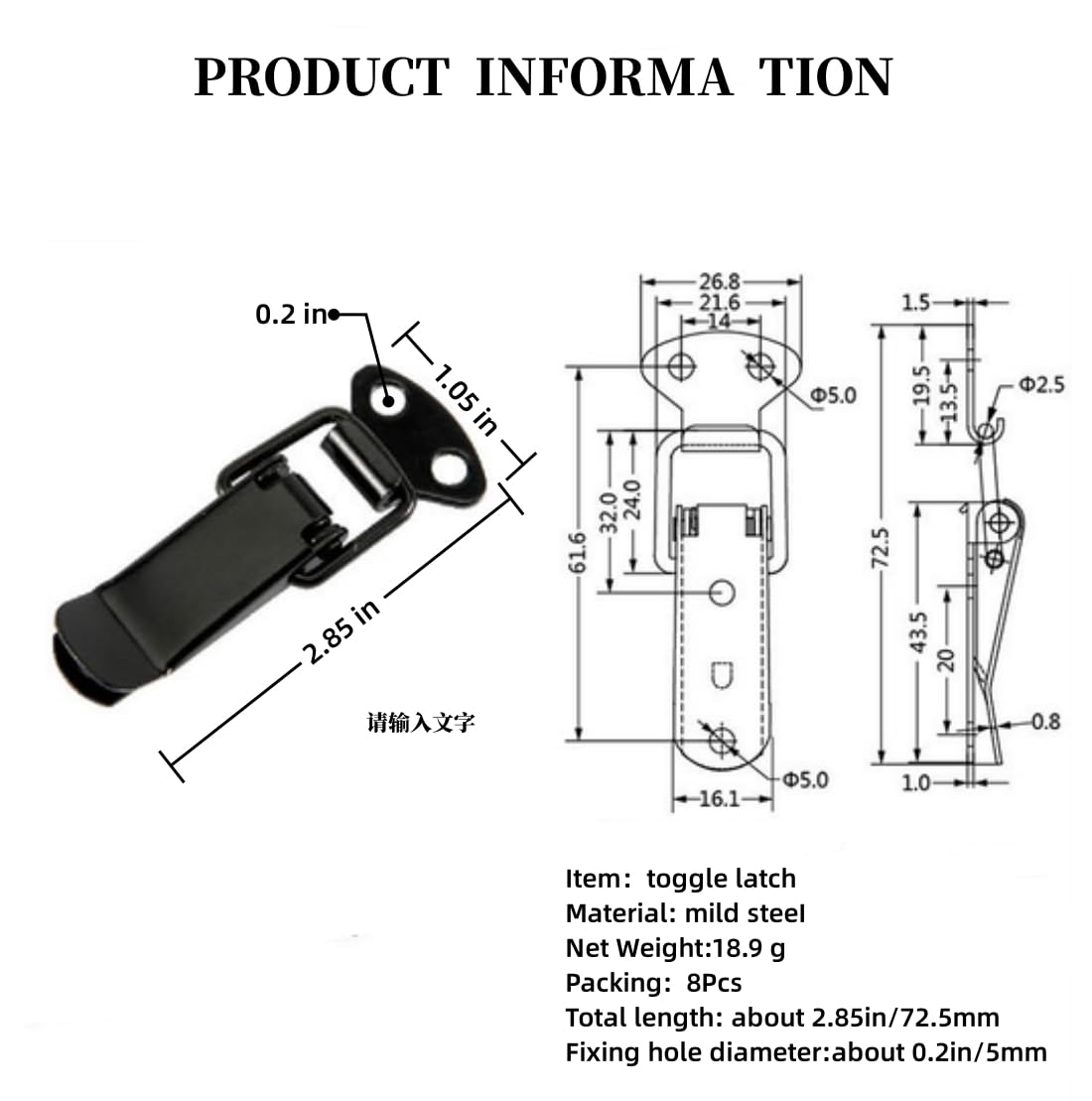 Latch Black Toggle Latch, Steel Spring Loaded Toggle Latch, Black Catch Hasp Clamp Clip Lock with for Cabinet, Wooden Case, Box(8 Pcs)