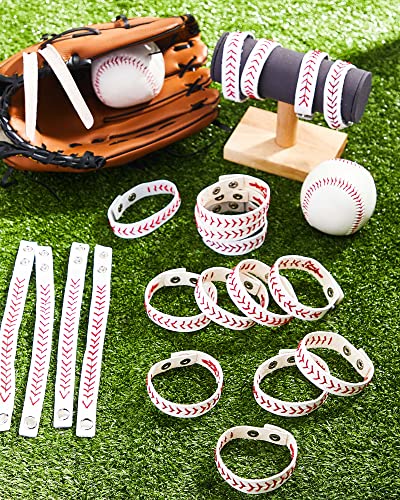 20 Pcs Genuine Leather Baseball Wristbands - Red Stitching