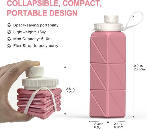 BEAUTAIL Collapsible Water Bottles - 20.6oz Silicone Travel Bottles | BPA-Free, Leakproof, 3 Pack (Blue, Pink, Starlight)
