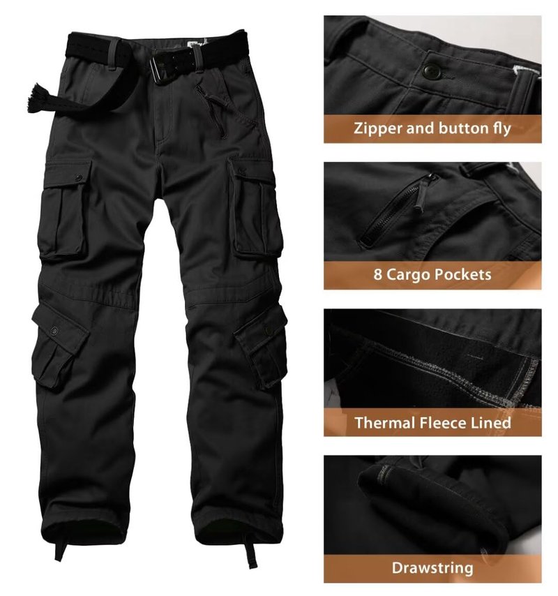 TRGPSG Men's Fleece Lined Hiking Pants Outdoor Windproof Outdoor Cargo Pants Casual Work Ski Pants with 8 Pockets YY3358 Black 34