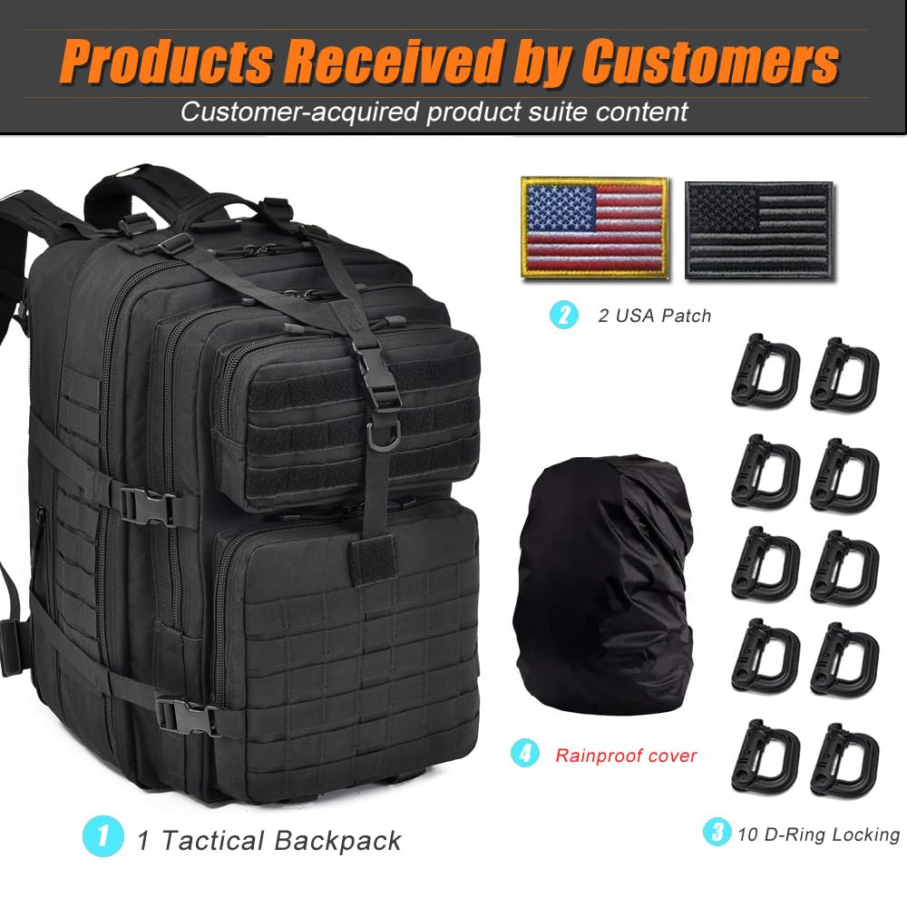 R.SASR 64L Large Tactical Backpack, Military Backpack, Molle Backpack, Tactical Bag, Hiking Daypacks (3, black)