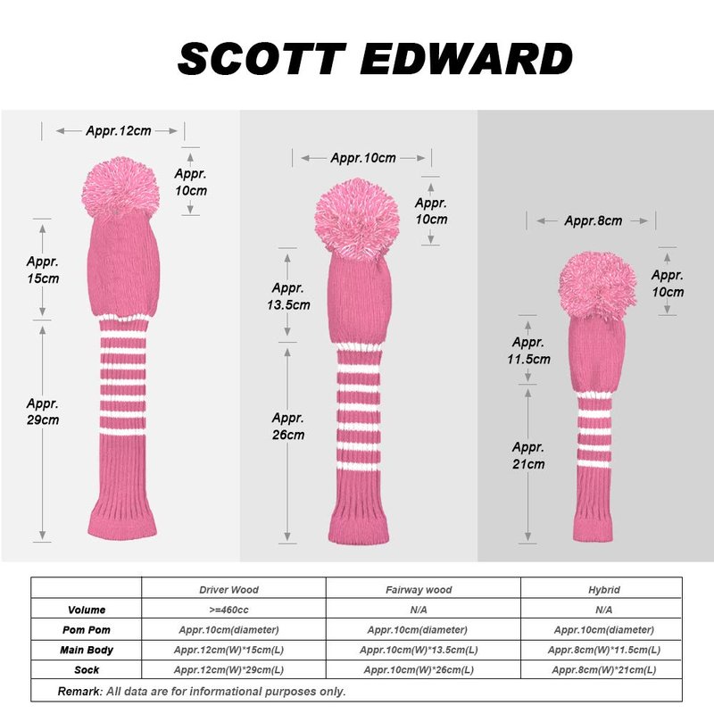 Scott Edward Knit Wood Golf Covers 4 Pieces Handmade Knitted Item Fit Over Well Driver Wood(460cc) Fairway Wood*2 and Hybrid(UT)(Pink Stripe)