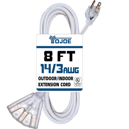 YOJOE 3-Outlets Indoor Outdoor Extension Cord with Lighted End, 3 Prong 15A Weatherproof Power Cord, 14 Gauge Heavy Duty 8 ft White Extension Cord Multiple Outlets, 14/3 SJTW UL Listed
