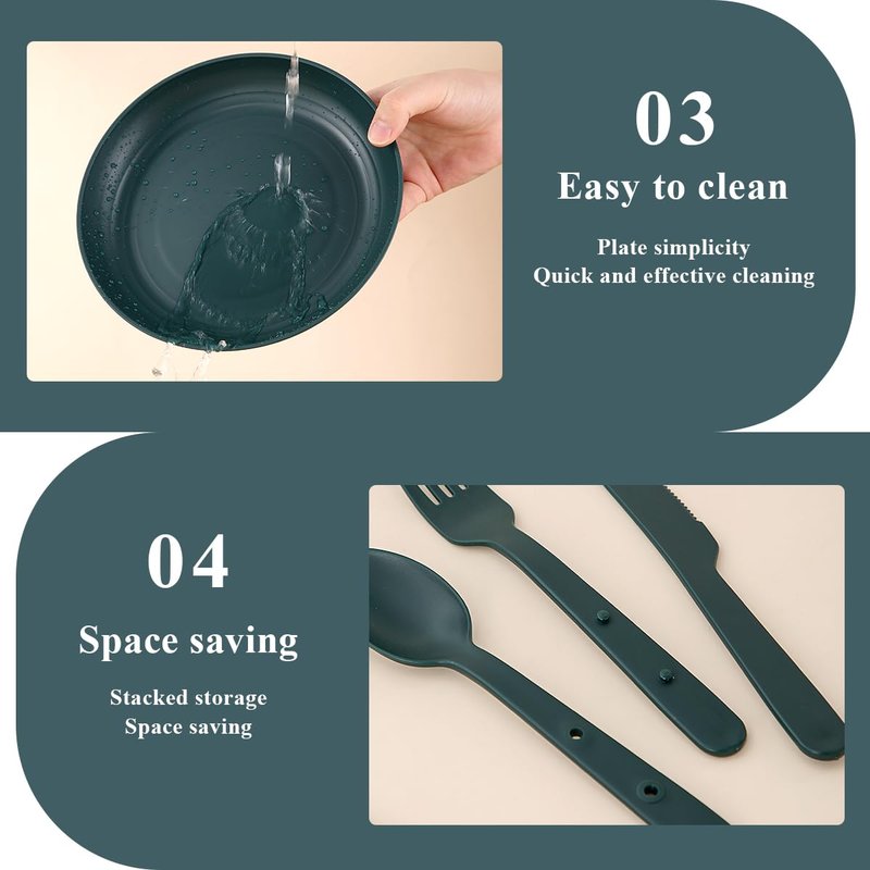 ReaNea Camping Mess Kit for 4 with Bowl, Plate, Cup, Spoon, Fork, Knife and Carry Bag, Plastic Camping Accessories Essentials Gear for Travel, Picnic, Outdoor, Easy to Carry & Store