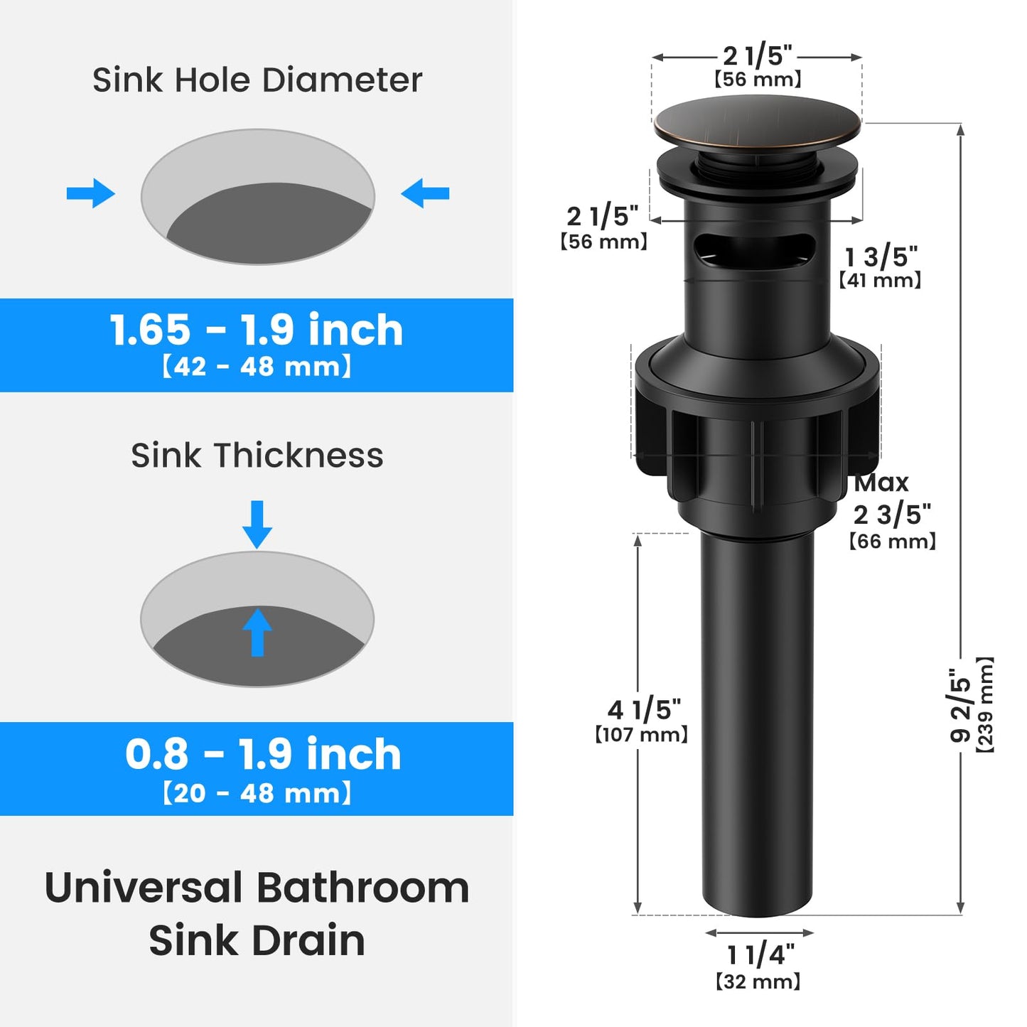 Bathroom Sink Drain with Overflow, Hurran Universal Bathroom Sink Stopper for Bathroom Vanity Vessel Sink, Plastic Pop-up Sink Drain with Hair Catcher Anti-Clog Strainer, Oil Rubbed Bronze