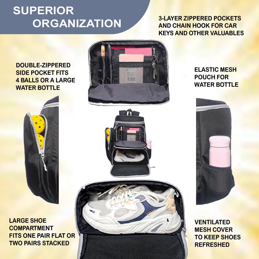 Pickleball Bag Deluxe Backpack Fits 4 Paddles and 10+ Balls - Shoe Compartment, Fence Hook, Storage Pockets, Adjustable Sling, Pickleball Accessories Equipment Bag