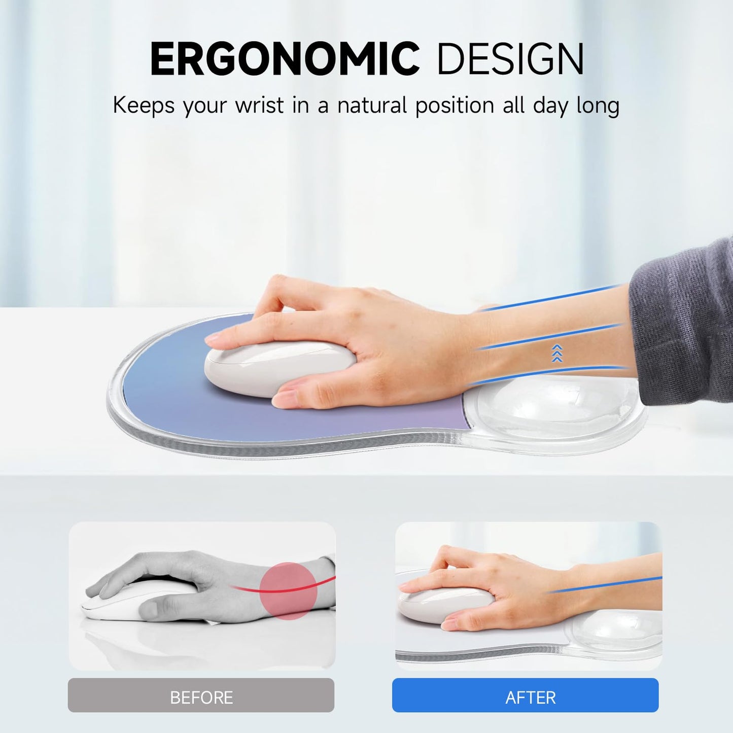 icolor Crystals Gel Wrist Rest Mouse Pads Ergonomic Mouse Mat with Memory Gel Cushion,Non-Slip PU Base Desk Skid Gel Pad for Computer Laptop,Relieves Wrist Pain (BluePurple)