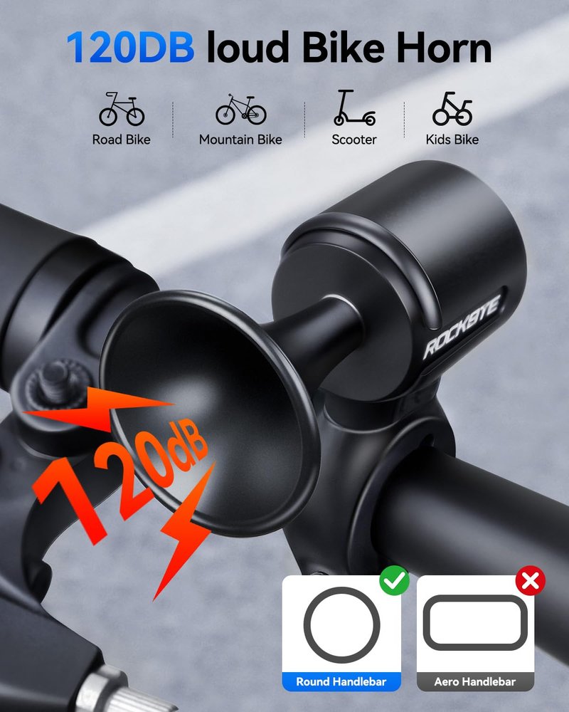 POWVINE Electric Bike Horn 120dB Loud Bike Horn for 22.2-25.5mm Round Handlebars, USB Rechargeable Bicycle Horn, IP65 Waterproof, Easy Install for Mountain Bike/E-Bike/Scooter/Adults
