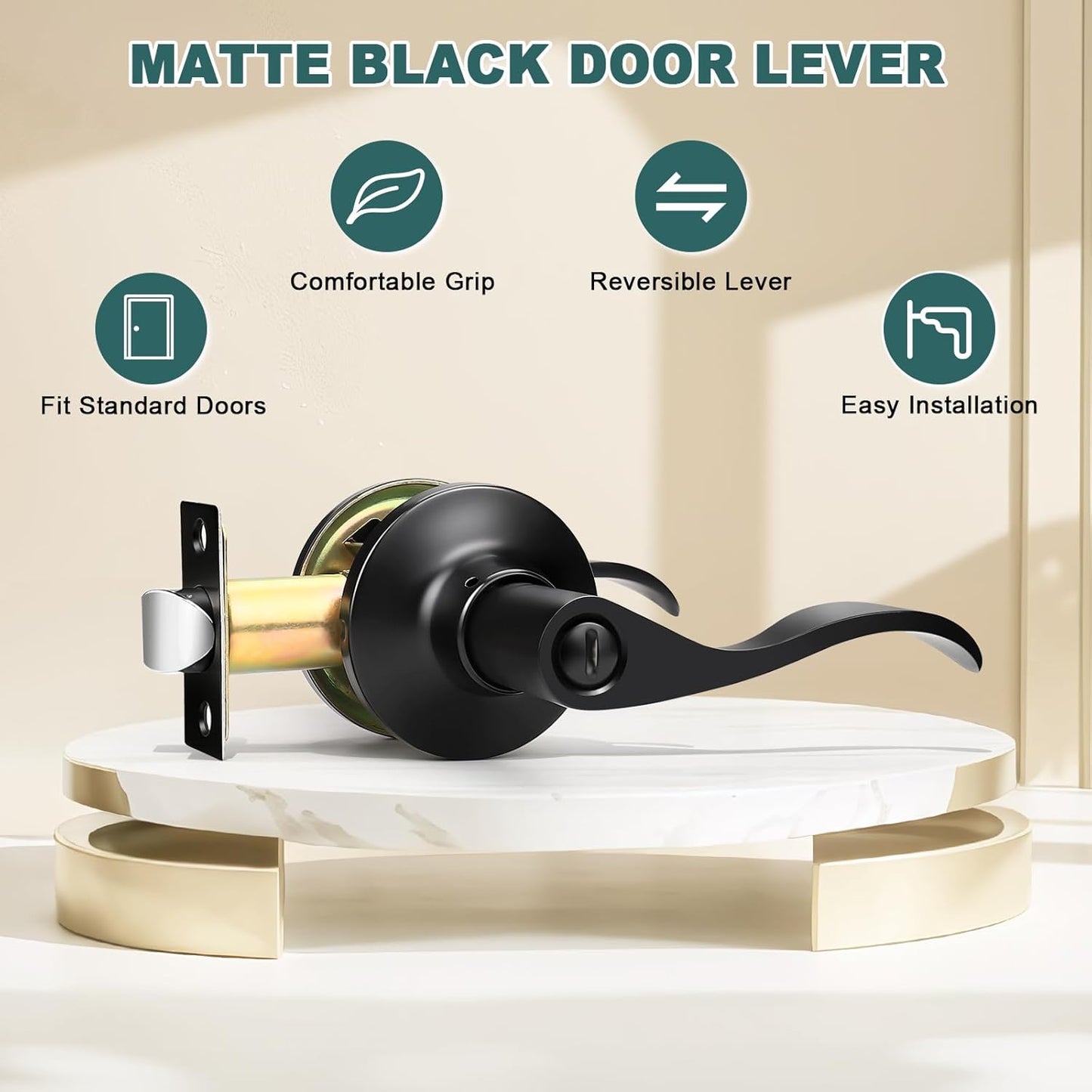 Black Privacy Door Levers - 6 Pack Keyless Modern Wave Handles for Bedrooms